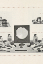 Catalogue Louis Vuitton  La Bonne Maniere  (Version anglaise), 1924 (Pages 14 -15) : Presentation de deux necessaires de toilette, l'un pour dame et le second pour homme garnis, et d'une garniture de coiffeuse complete, en ecaille  Soleil  et vermeil cisele.